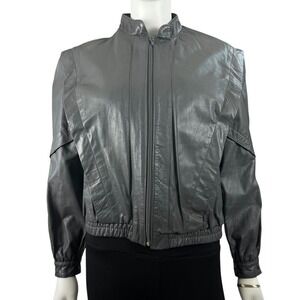 Vintage Bermans Jacket Womens 8 Gray Genuine Leather 80s Puff‎ Shoulder Biker